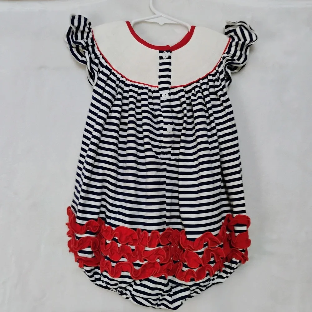 Smocking Dog Boutique Navy White Stripe Red Wagon Smocked Bubble Romper Size 4